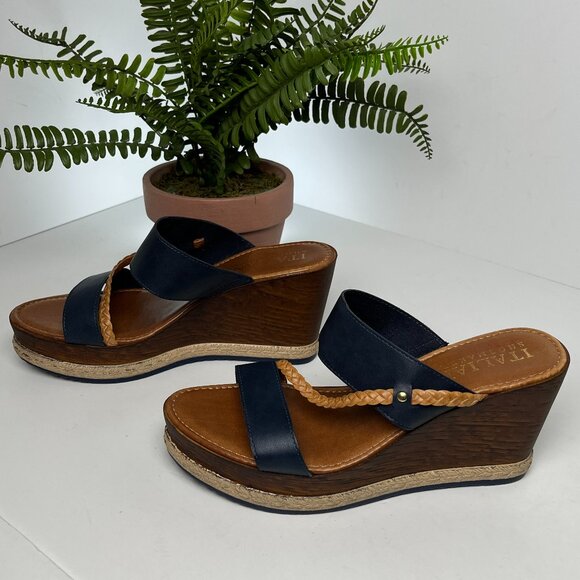Italian Shoemaker Wedge Sandals 8 Brown Tan Black Platform Espadrille Slide Heel - Picture 2 of 8